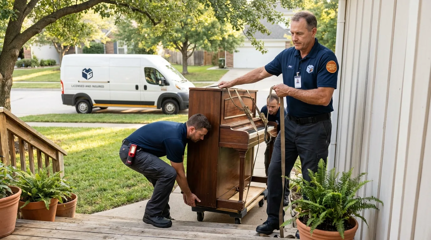 Licensed piano movers securing grand piano in Blair, WI