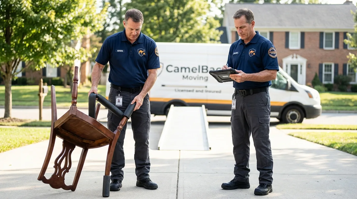 Movers inspecting furniture for damage prevention before loading in Blair, WI