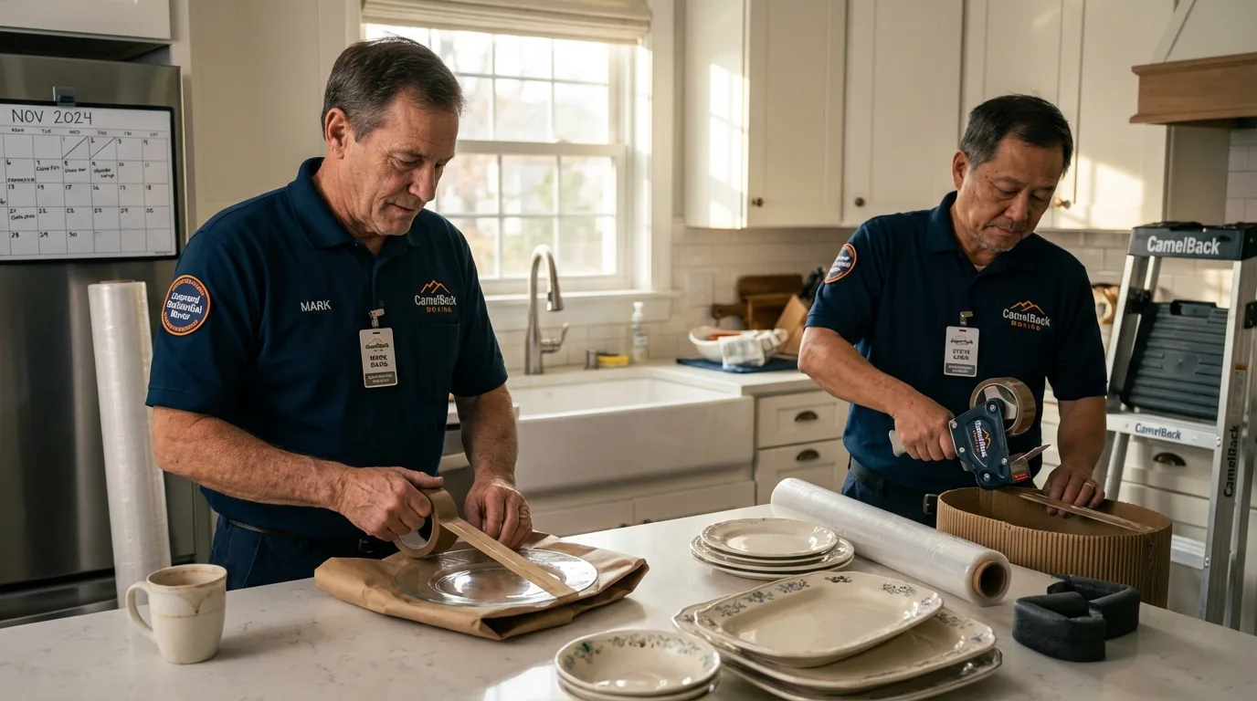 Professional crew packing kitchen dishware in Blair, WI